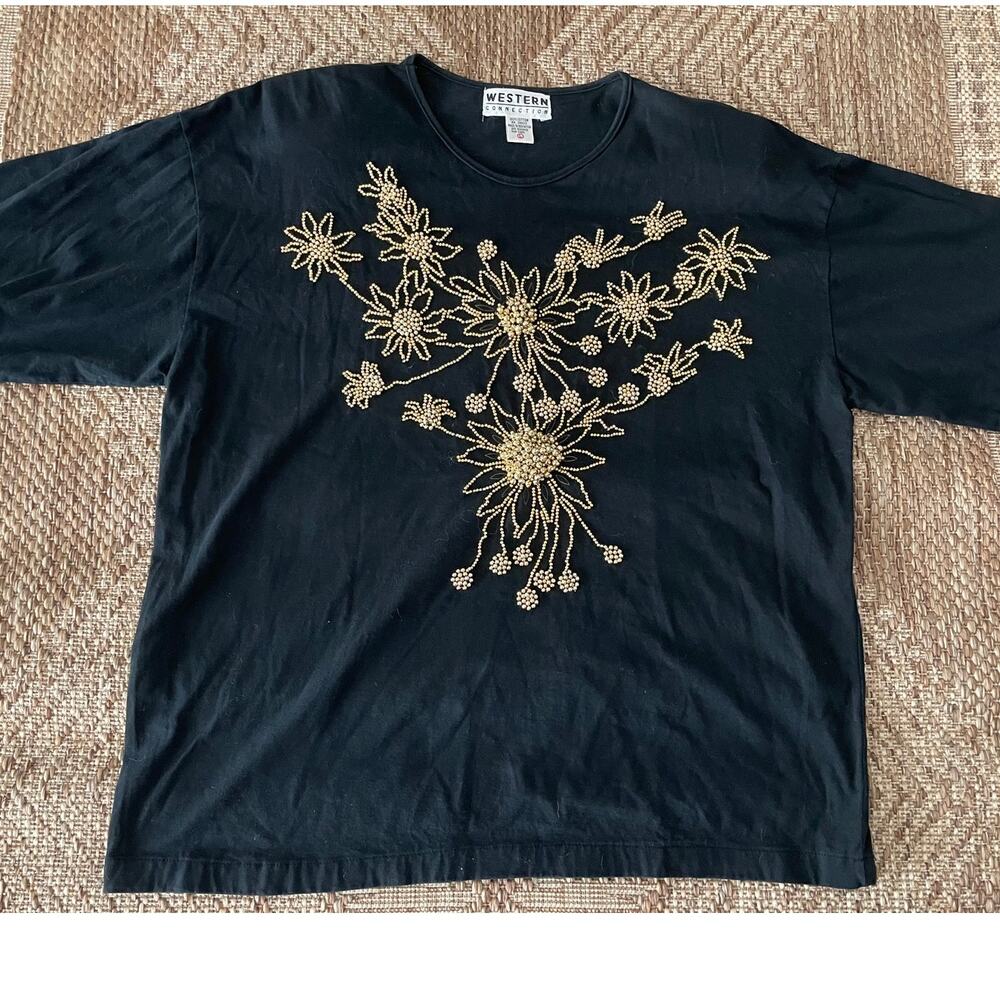 Vintage WESTERN CONNECTION gold beaded flower t-shirt 100% Cotton SZ Large